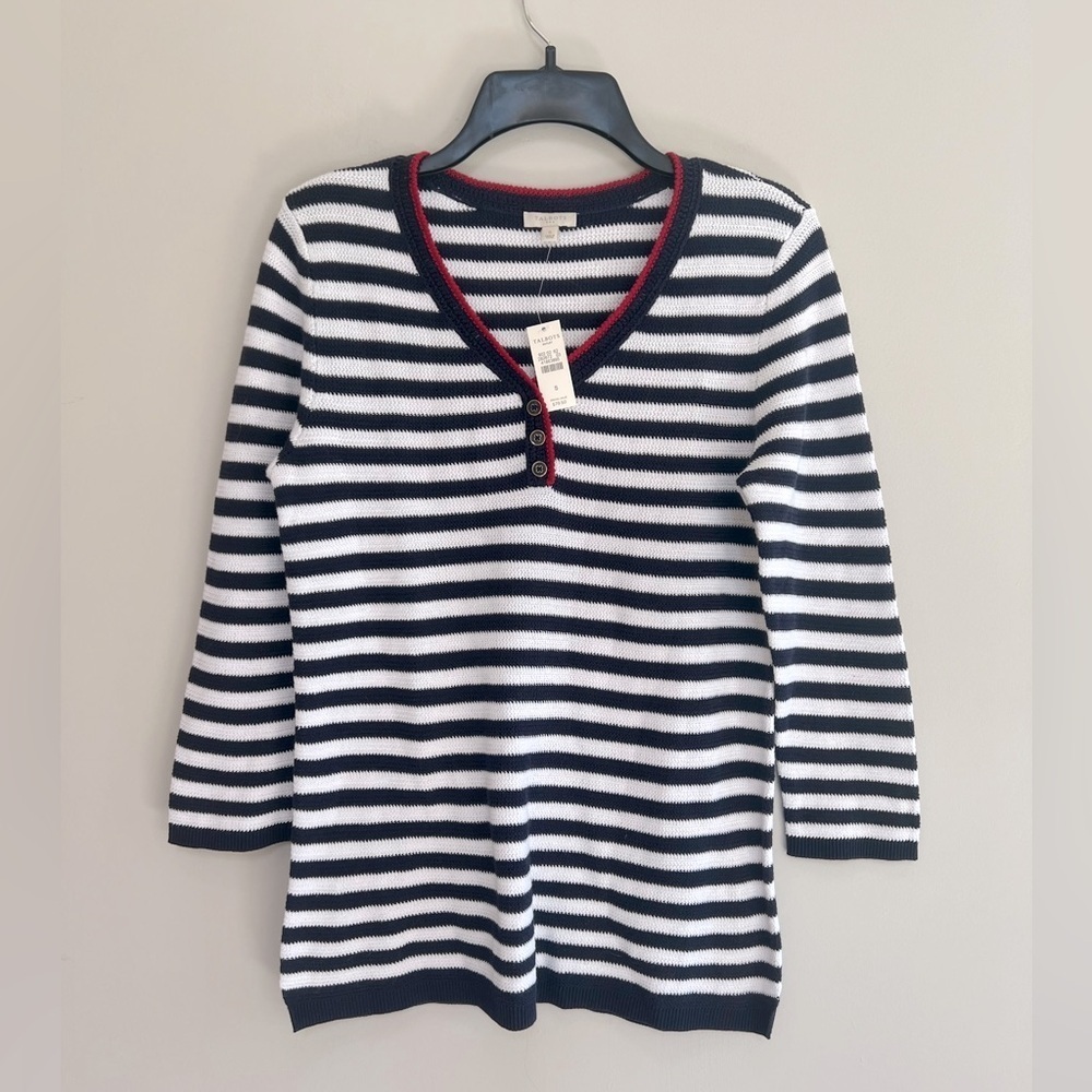 NWT Talbots 100% Cotton 3/4 Sleeve Striped Henley Sweater in Navy, White Red, S